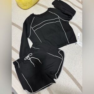 Black Two-Piece Lounge Set with White Piping